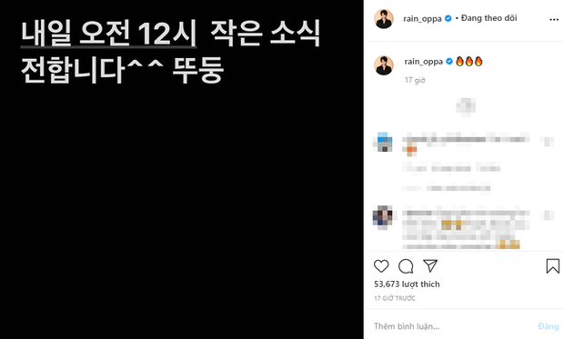 Vào tháng 10, Bi Rain cũng từng khiến dân tình xôn xao bàn tán với dòng trạng thái úp mở