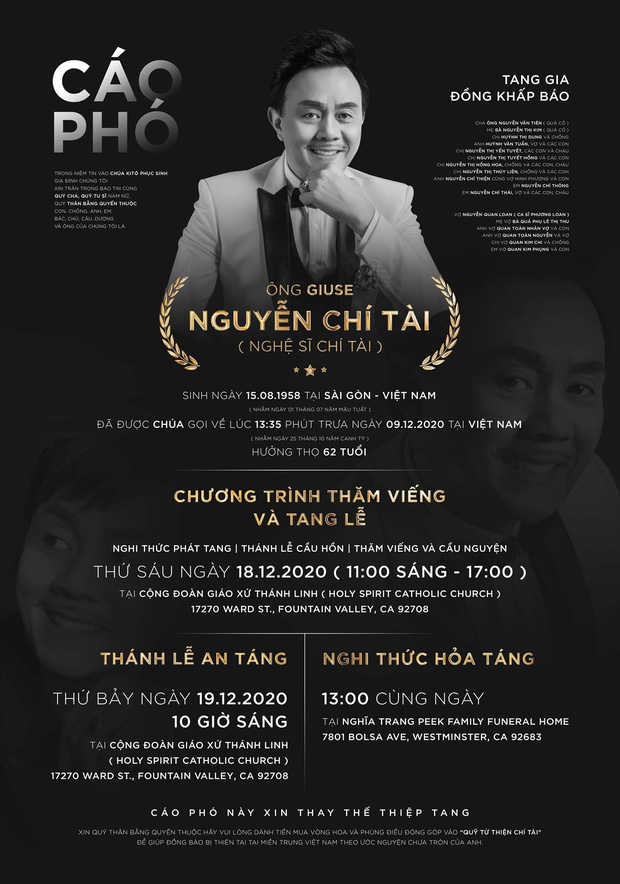 Cáo phó tang lễ cố nghệ sĩ Chí Tài ở Mỹ