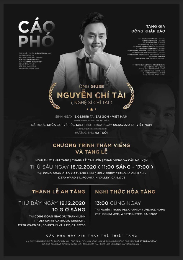 Tang lễ NS Chí Tài tại Mỹ sẽ được diễn ra vào ngày 18/12