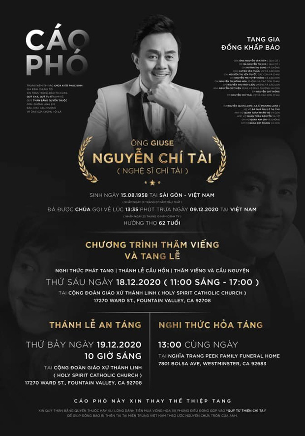Cáo phó tang lễ của NS Chí Tài tại Mỹ
