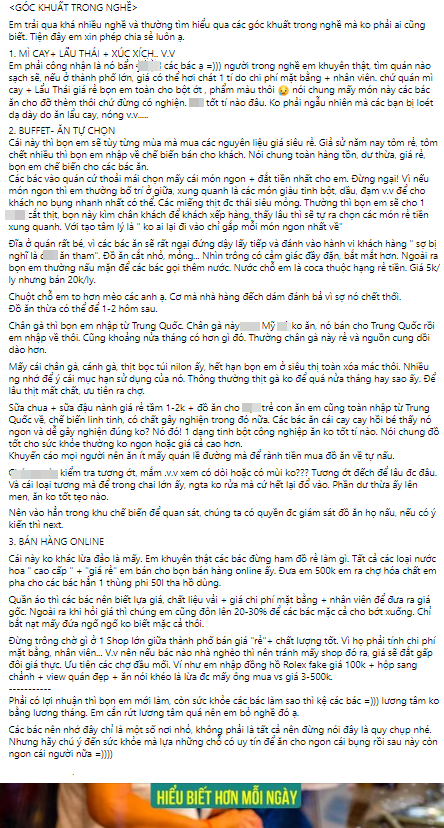 Bài viết chia sẻ của cựu nhân viên phục vụ giấu tên từng làm việc ở nhiều cửa hàng, quán ăn tại Hà Nội. Ảnh chụp màn hình.