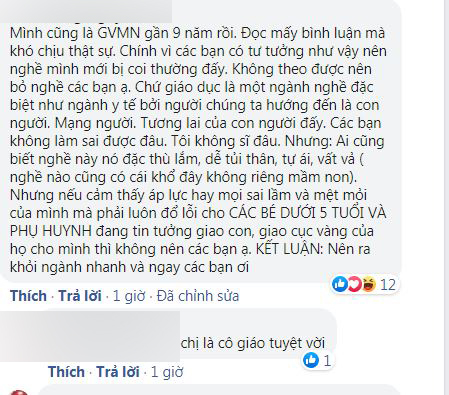 Ý kiến của một cô giáo mầm non nhận được nhiều lời khen.