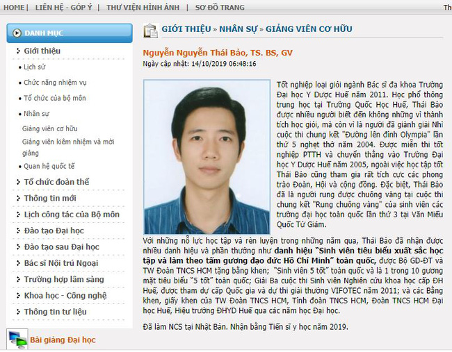 Thông tin về Nguyễn Nguyễn Thái Bảo trên website trường Đại học Y dược Huế.