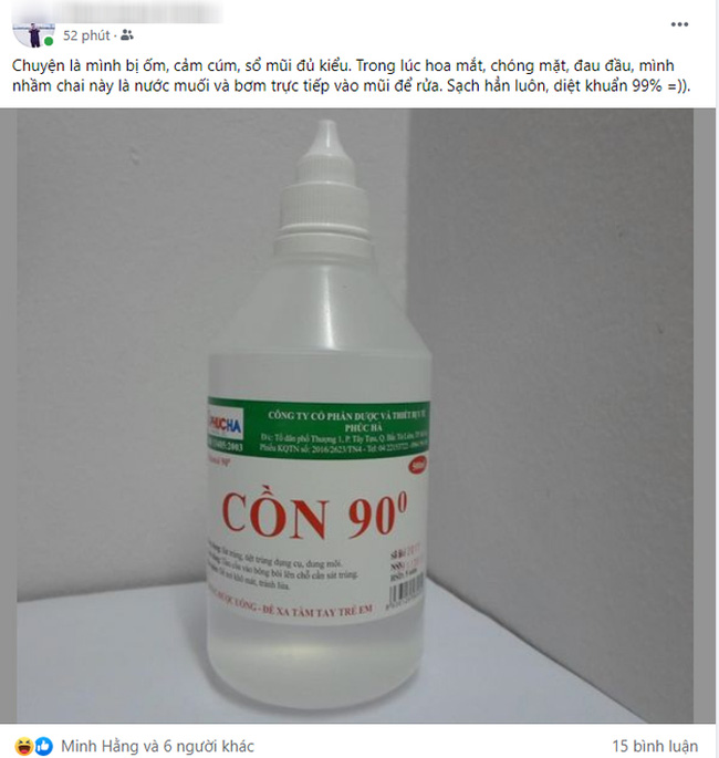 T.P chia sẻ trải nghiệm rửa mũi bằng cồn của mình trên facebook cá nhân.