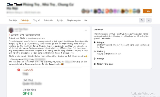 Bài đăng của cô gái trong nhóm cho thuê phòng ở Hà Nội.