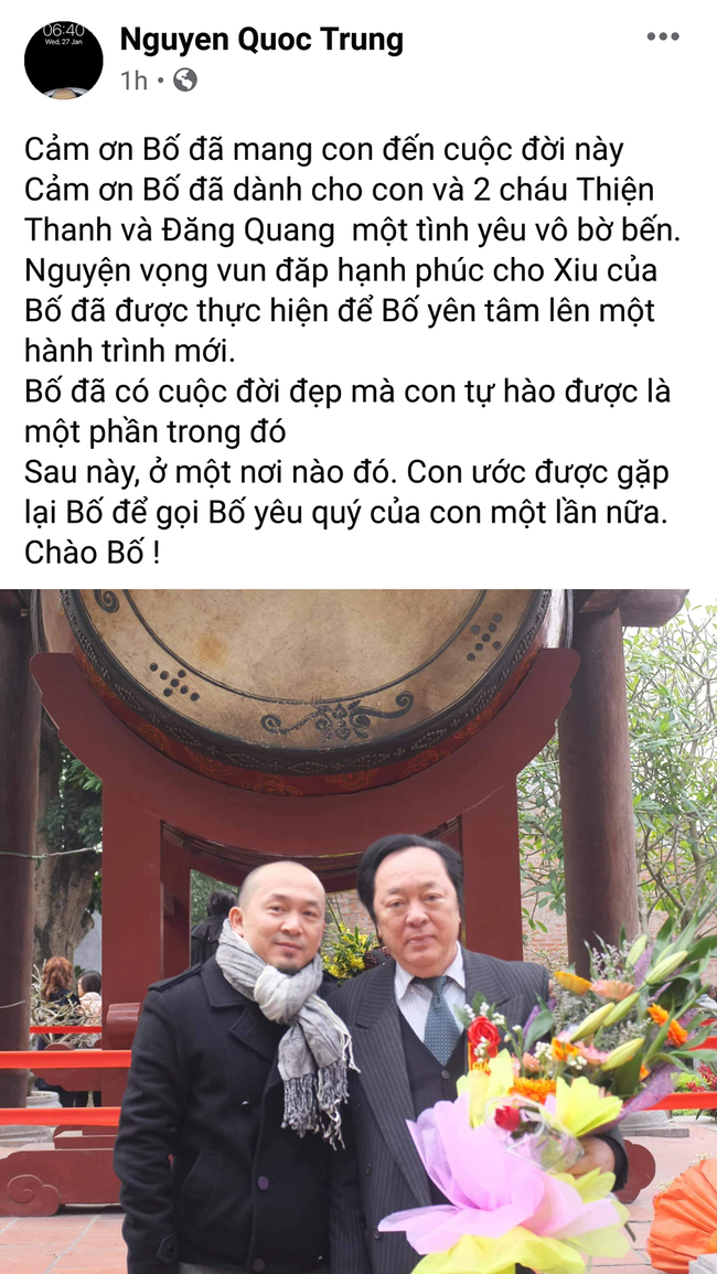 Nhạc sĩ Quốc Trung chia sẻ hình ảnh bên bố và gửi lời chào đến ông