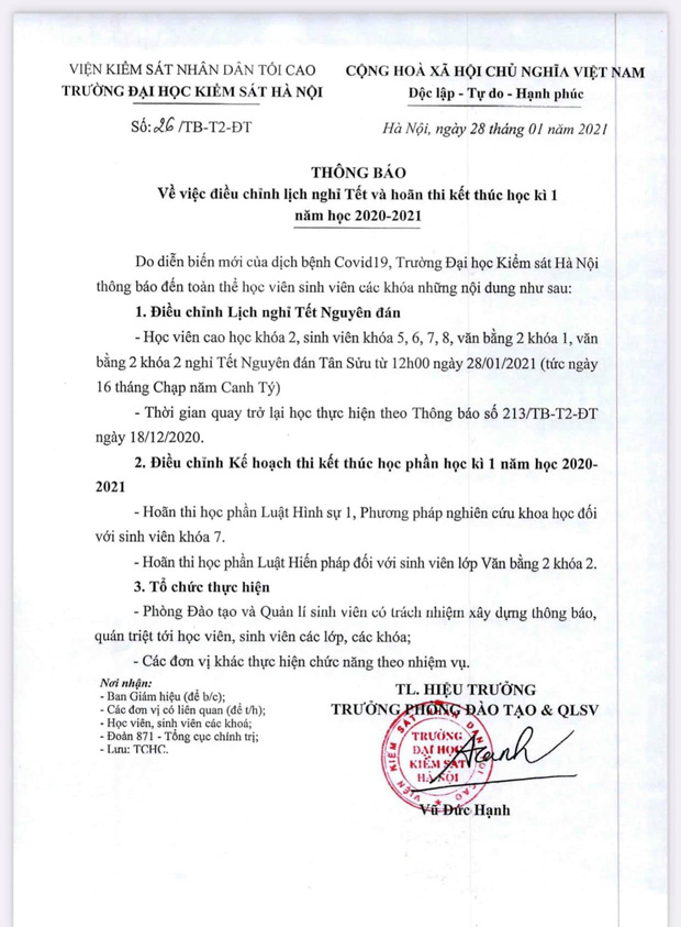 Thông báo mới nhất được đăng tải của trường Đại học Kiểm sát Hà Nội (Nguồn: Đoàn thanh niên Trường Đại học Kiểm sát Hà Nội)