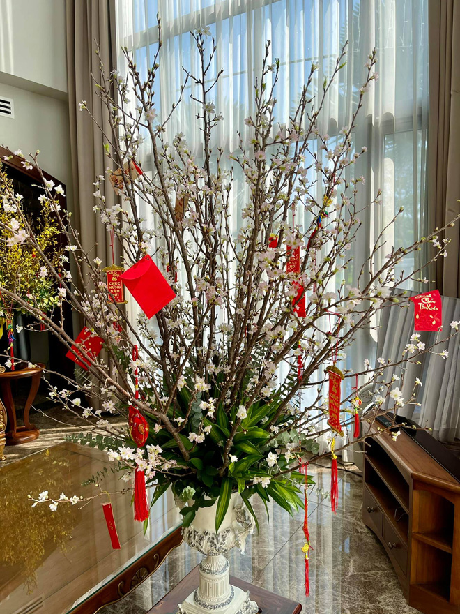 Ngoài hoa mai, Bảo Thy còn đặc biệt cắm 2 bình hoa siêu khủng để đặt ở phòng khách. Cô còn treo cả những câu chúc tốt lành và bao lì xì đỏ để có không khí Tết. 