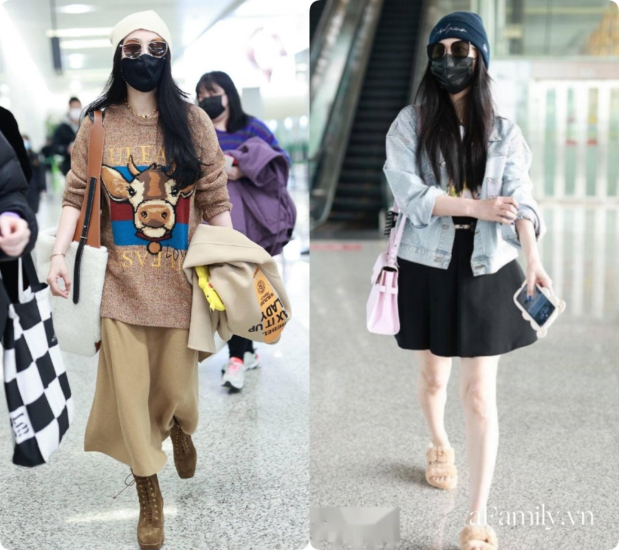 Thay vì những dáng váy ngắn lộ chân gầy tong teo thì Phạm Băng Băng chọn những kiểu chân váy dài mix xuyệt tông cả set đồ. Bộ cánh cô chọn chuẩn gam màu hot trend của mùa lạnh với sự cá tính thời thượng từ áo len, chân váy đến đôi boots buộc dây bụi bặm đi kèm.