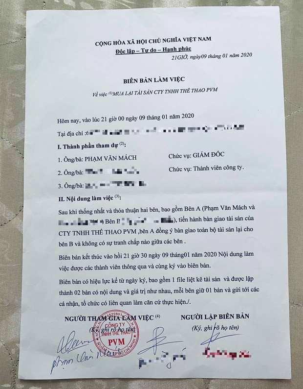 Lực sĩ Phạm Văn Mách cung cấp biên bản bàn giao tài sản có chữ ký của người bóc phốt (Ảnh: NVCC)