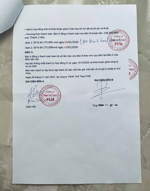 Lực sĩ Phạm Văn Mách cung cấp biên bản thanh lý hợp đồng, đã thanh toán đợt 1 cho người bóc phốt còn đợt 2 do H. chịu trách nhiệm thanh toán (Ảnh: NVCC)