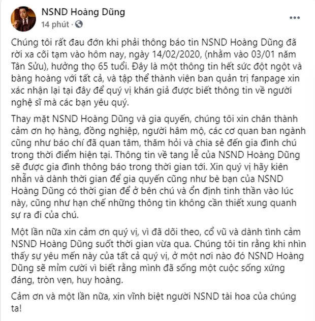 Đại diện cố NS có chia sẻ đầu tiên trên trang Fanpage