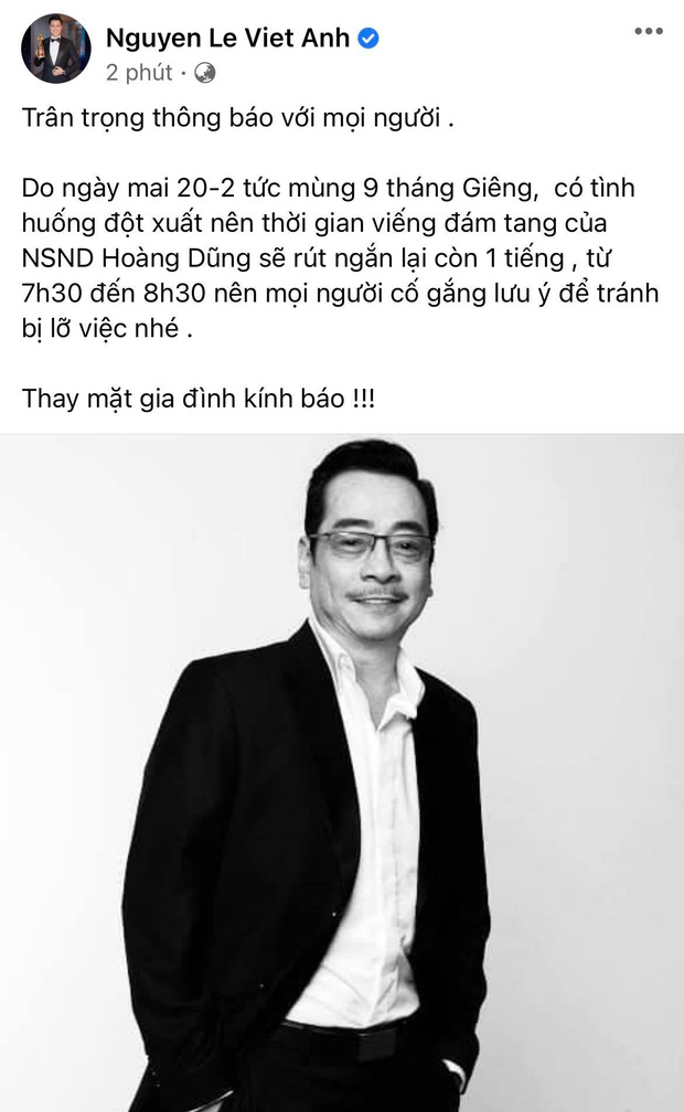 Lễ viếng cố NSND Hoàng Dũng có thay đổi, thời gian bị rút ngắn 1 tiếng