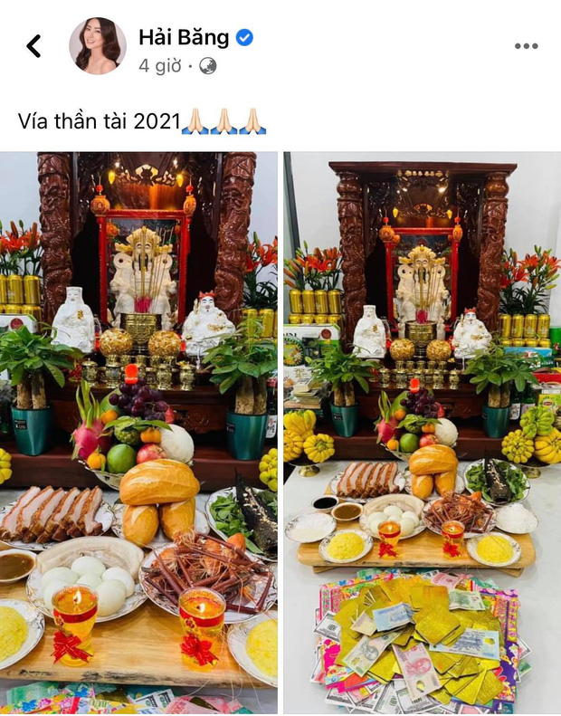 Là mẹ bỉm có công việc kinh doanh online, vì thế Hải Băng cũng dâng mâm lễ thịnh soạn nhân ngày vía Thần Tài và khai trương sau Tết