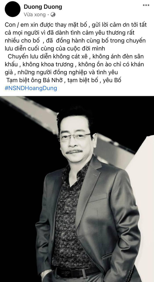 Con trai gửi lời cảm tạ gây xúc động đến bạn bè, đồng nghiệp đã đến tiễn đưa cố NSND Hoàng Dũng về nơi an nghỉ cuối cùng