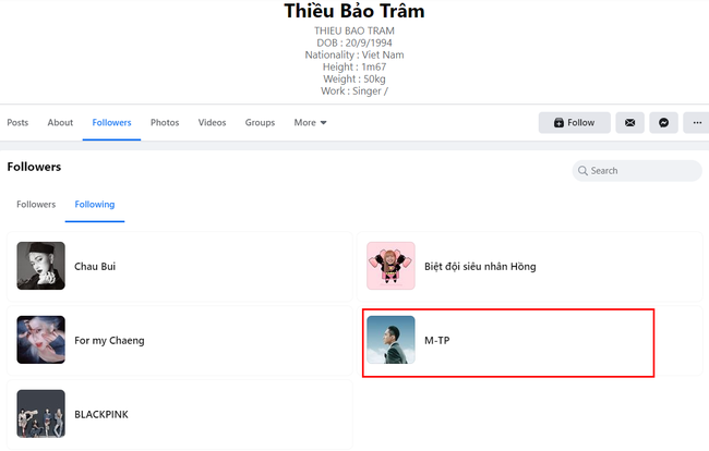 Fanpage của Thiều Bảo Trâm bất ngờ follow trang M-TP của Sơn Tùng.