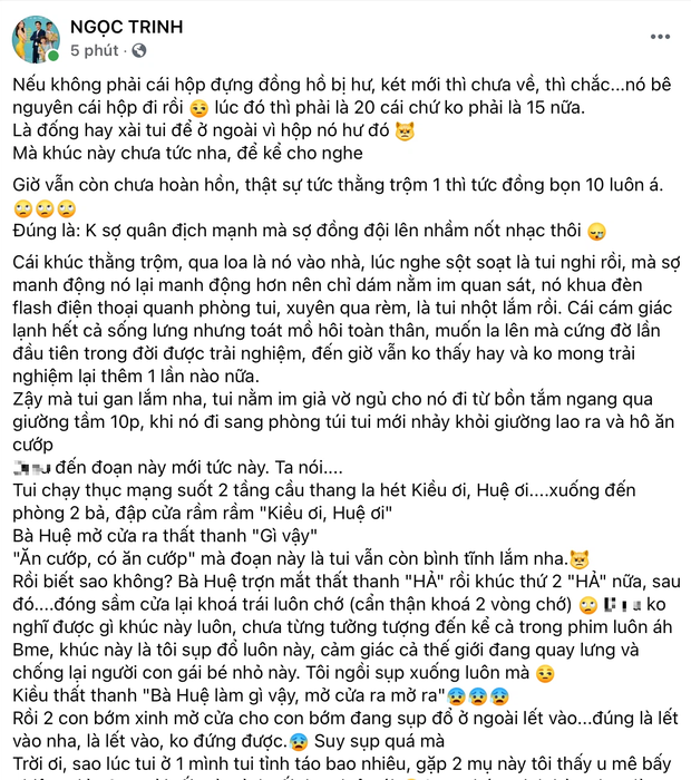 Dù vừa trải qua cơn sốc vì mất đồ buổi sáng, Ngọc Trinh vẫn bình tĩnh và vui vẻ kể lại với fan