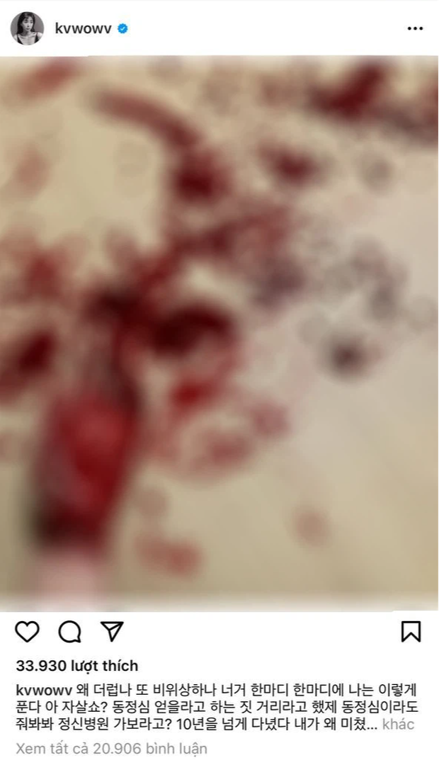 Sau khi bóc trần vụ việc, Mina thường xuyên đăng tải hình ảnh cắt cổ tay, làm hại bản thân trên trang cá nhân