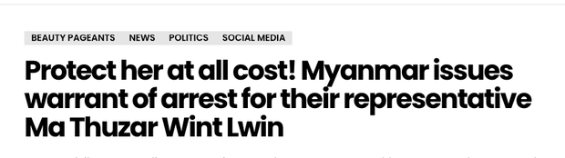 Dòng tít trên tờ LionheartTV nói về việc chính quyền Myanmar truy nã Hoa hậu