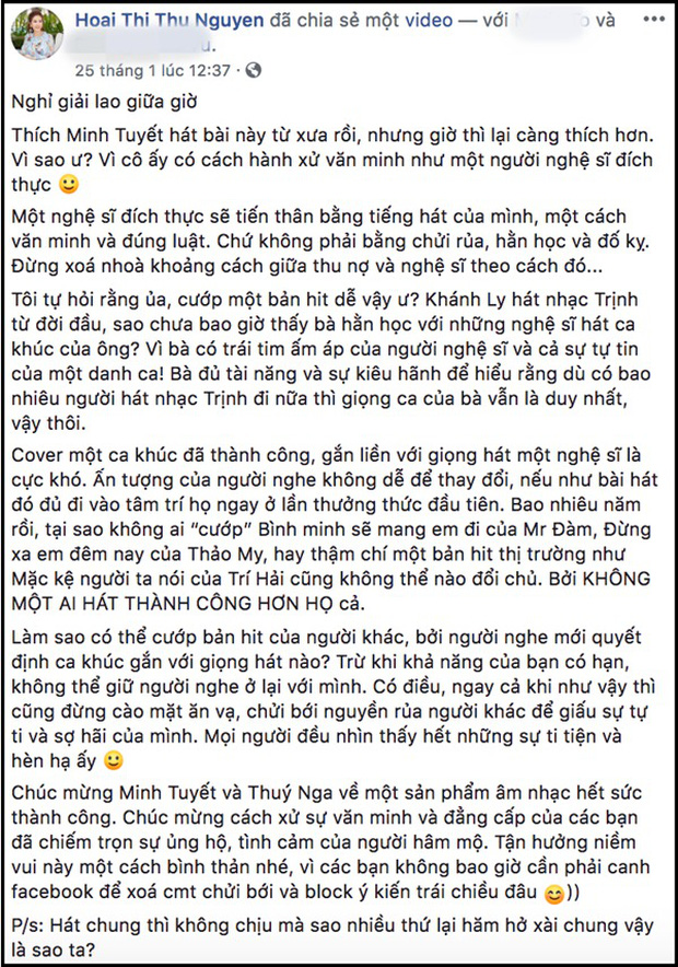 Thu Hoài bênh vực ca sĩ Minh Tuyết