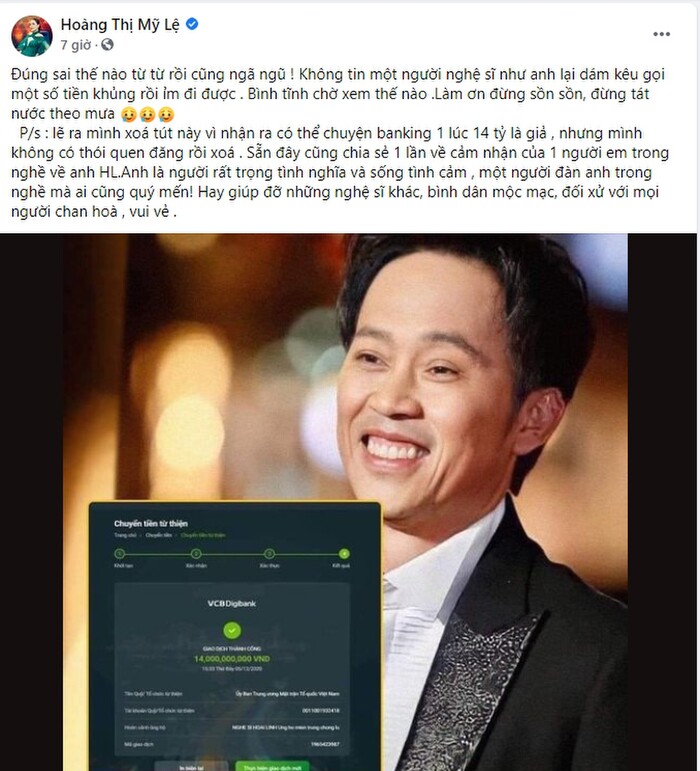 Toàn bộ bài đăng lên tiếng bênh vực Hoài Linh của ca sĩ Mỹ Lệ.