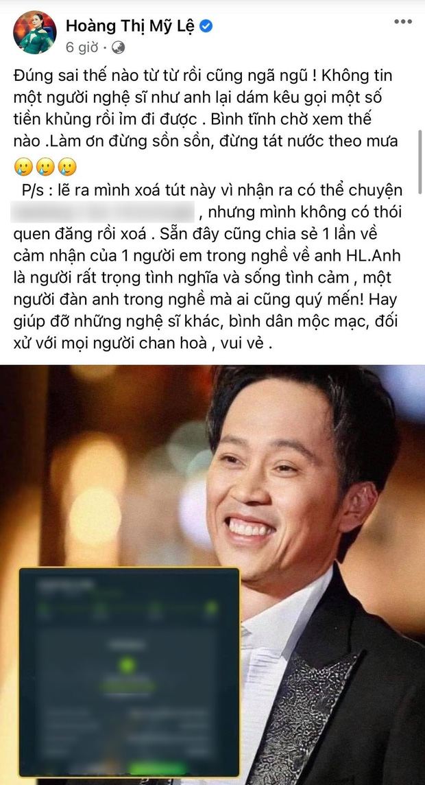 Trước đó, ca sĩ Mỹ Lệ lên tiếng bảo vệ NS Hoài Linh giữa lùm xùm hơn 13 tỷ tiền từ thiện