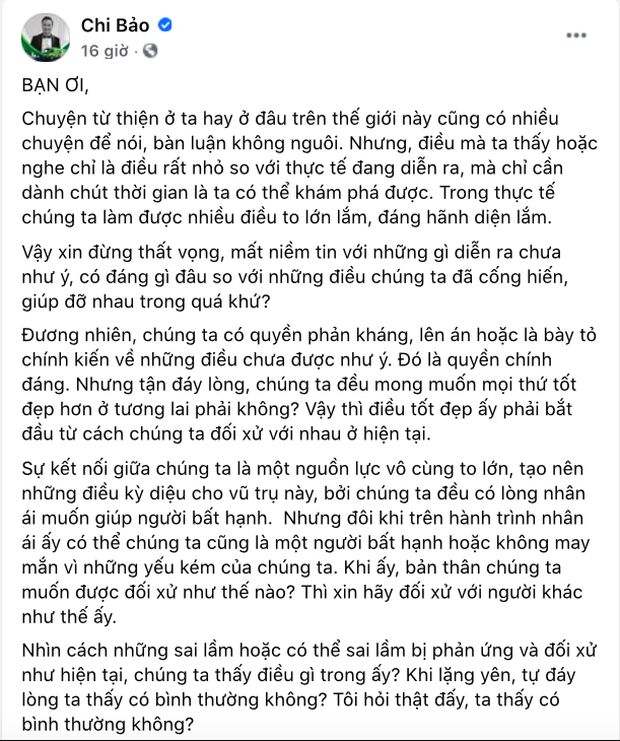 Chi Bảo viết tâm thư để nêu quan điểm về chuyện từ thiện của nghệ sĩ