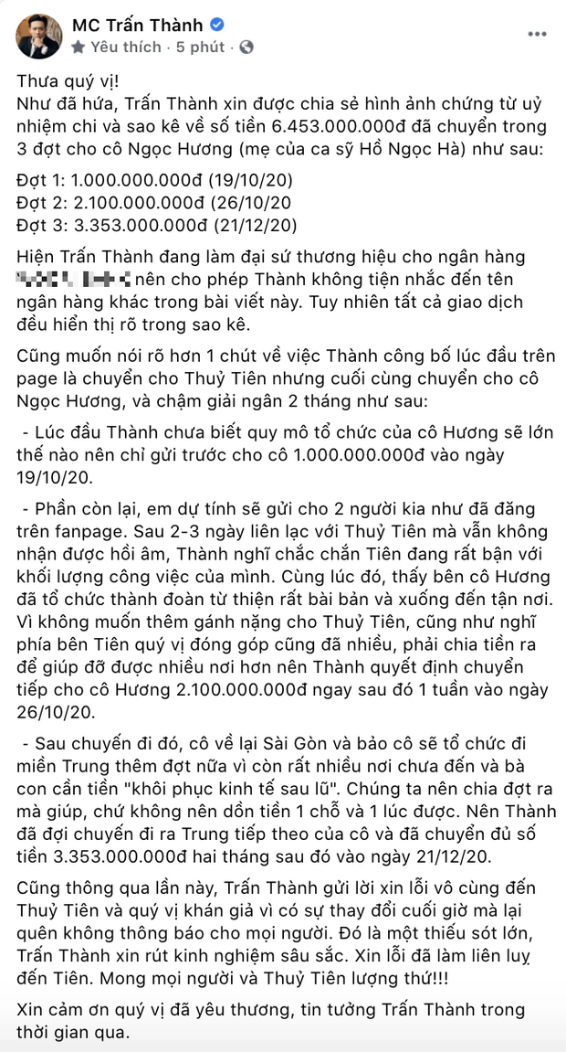 Trấn Thành lên tiếng làm rõ chuyện chậm giải ngân 2 tháng, anh cũng xin lỗi vì không thông báo đến khán giả dù có sự thay đổi vào phút chót