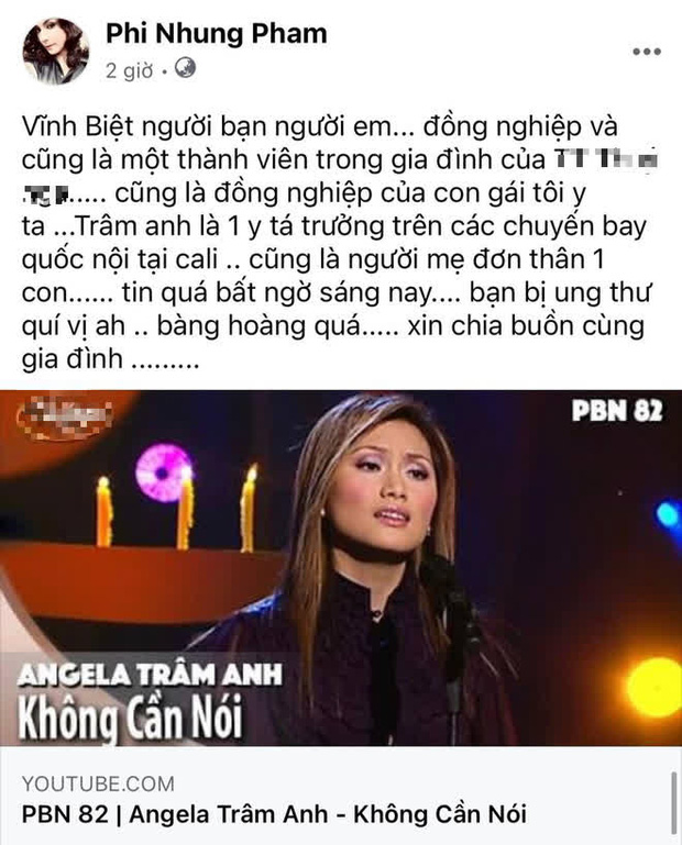 Phi Nhung xót xa gửi lời tiễn biệt và cho biết Angela Trâm Anh cùng con gái cô là đồng nghiệp ở bệnh viện