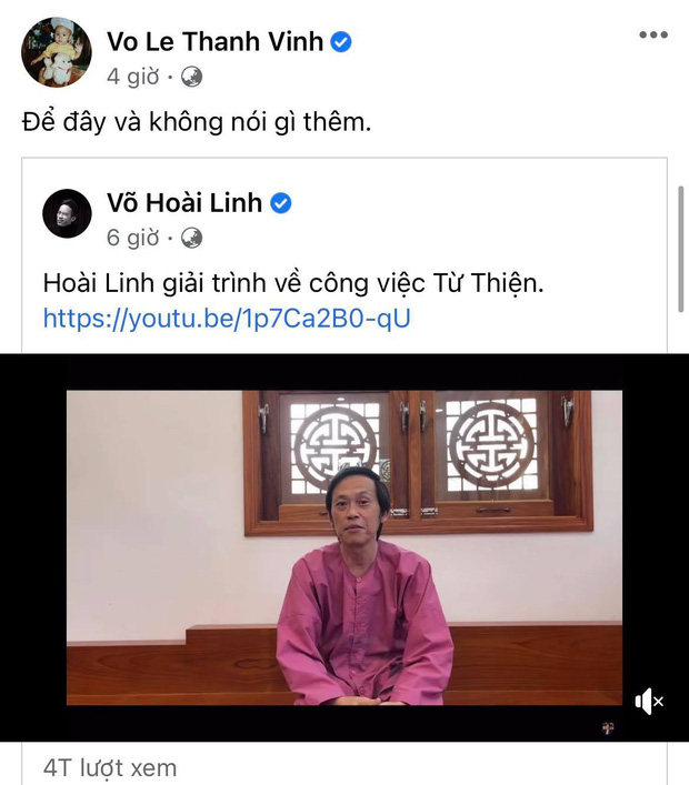 Con trai ruột của NS Hoài Linh nhanh chóng chia sẻ lại clip của bố kèm 1 dòng nhắn gửi cực ngắn gọn sau khi gia đình xảy ra liên hoàn biến