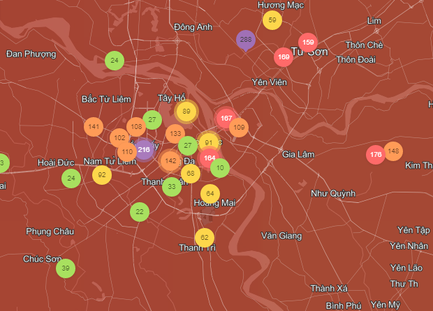 Chỉ số AQI tại các quận, huyện Hà Nội 23h30 ngày 5/6.