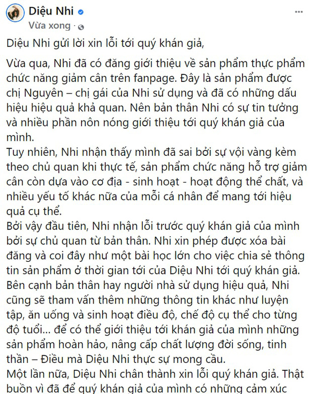 Diệu Nhi xin lỗi khán giả vì nhận PR sản phẩm thuốc giảm cân khi chưa tìm hiểu kỹ