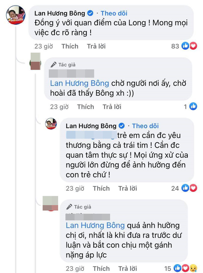 NSND Lan Hương hy vọng mọi chuyện sớm được sáng tỏ. Cô cũng trách cứ người lớn không nên để ứng xử của mình ảnh hưởng đến con trẻ.