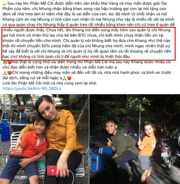 Cách xử lý tiền cát xê sau khi cộng tác chung của Phi Nhung đối với nam diễn viên nhí khiến nhiều người bất ngờ. Lúc đó, Phi Nhung đã chủ động liên lạc và trích 50% tiền cát xê cho Huy Khang