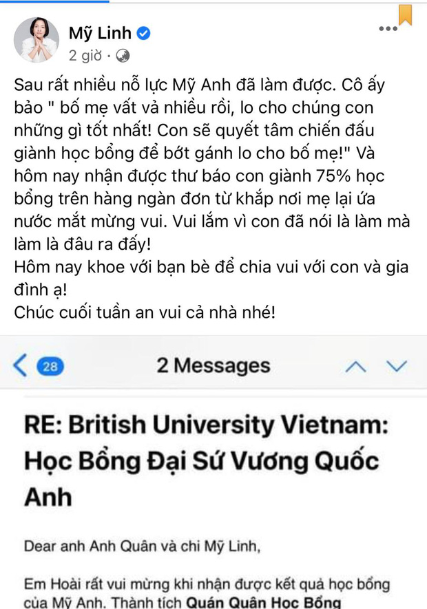 Diva Mỹ Linh tự hào chia sẻ con gái út vừa đạt học bổng khủng của Anh Quốc