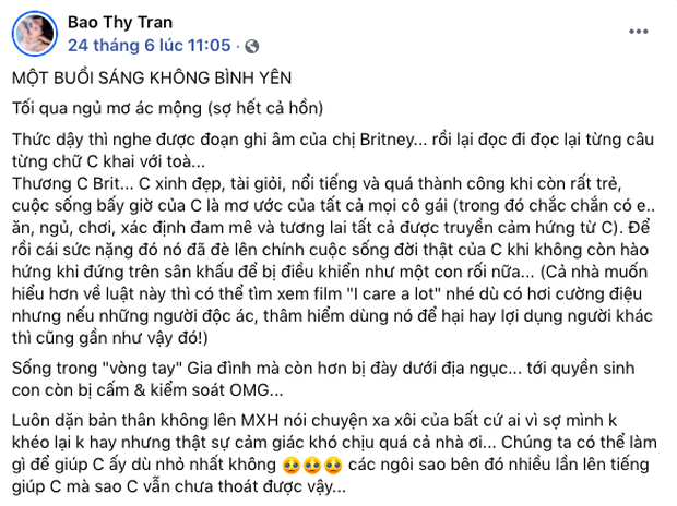 Bảo Thy lên tiếng xót thương cho Britney Spears vào ngày 24/6