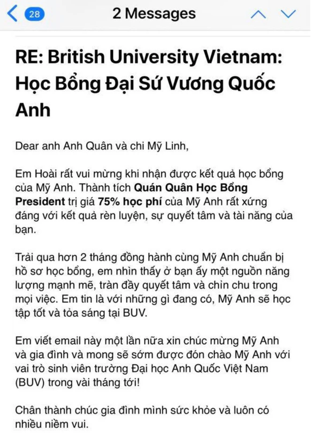 Đại học Anh Quốc Việt Nam gửi thông báo và chúc mừng tới gia đình Mỹ Linh
