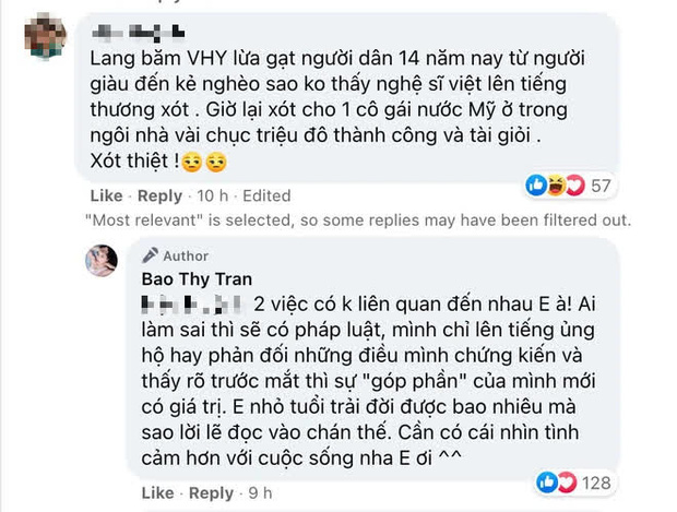 Tuy nhiên, cô bất ngờ bị một netizen vặn vẹo, bắt bẻ vì không lên tiếng chuyện ông Võ Hoàng Yên chữa bệnh cho người dân Việt Nam