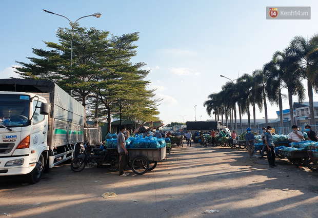 Tiểu thương nhỏ lẻ đến chợ xếp hàng dài chờ lấy hàng và vận chuyển đi đến các điểm chợ khác