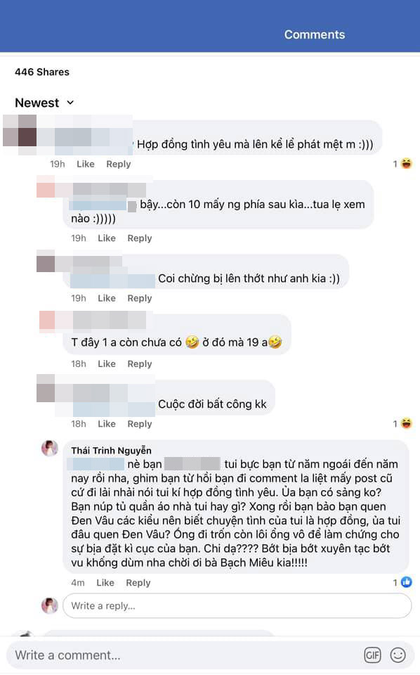 Thái Trinh cũng đáp trả cư dân mạng này ngay dưới dòng bình luận.