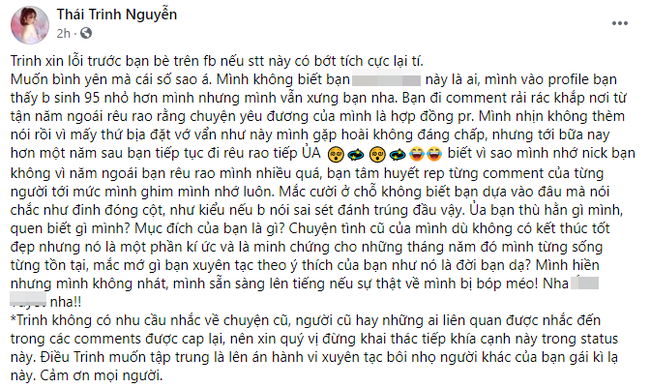 Thái Trinh bức xúc chia sẻ.