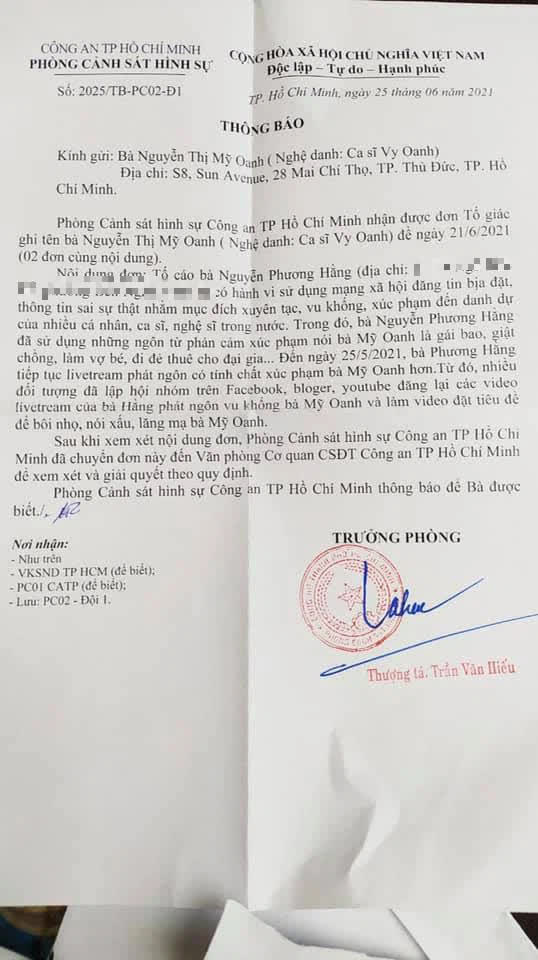 Văn bản trả lời của Phòng cảnh sát hình sự, Công an Tp. HCM về đơn thư tố cáo của Vy Oanh.