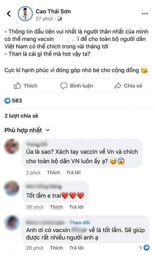 Nửa đêm 1/7, Cao Thái Sơn bất ngờ chia sẻ về việc người thân sẽ xách tay vaccine ngừa Covid-19 về Việt Nam nhưng lại xoá đi