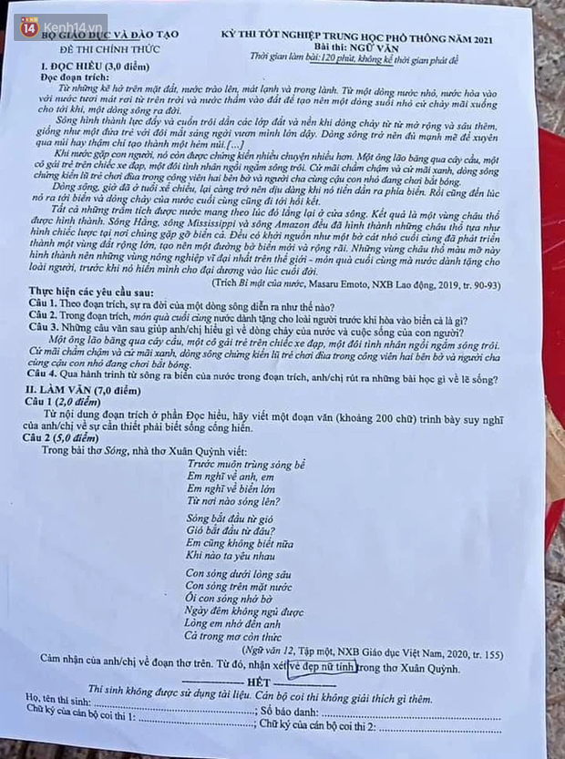 Đề thi phần làm văn môn Văn THPT Quốc gia 2021 là tác phẩm Sóng của Xuân Quỳnh