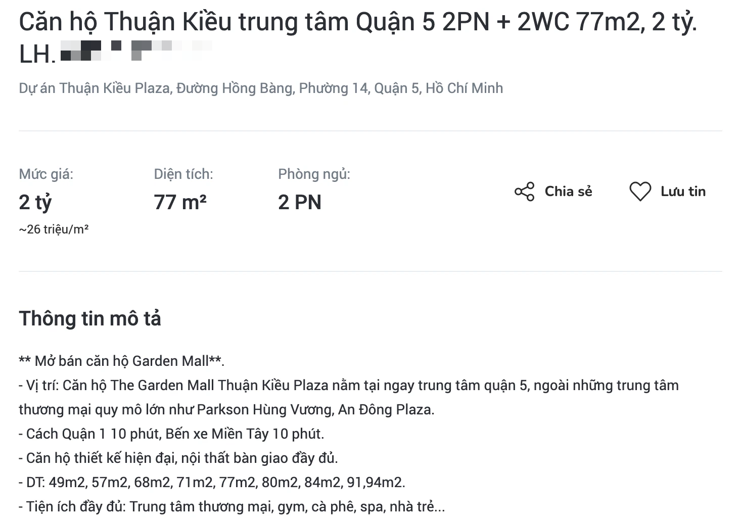 Căn hộ The Garden Apartment được rao bán trên các trang bất động sản. Ảnh chụp màn hình.