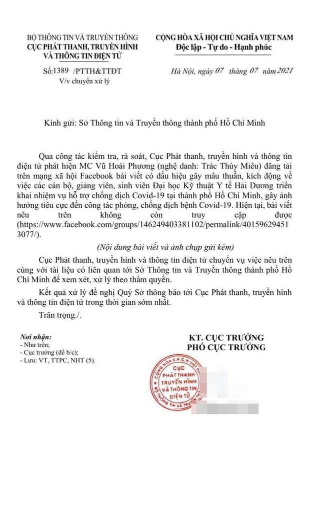 Thông báo về vụ việc của Trác Thúy Miêu.