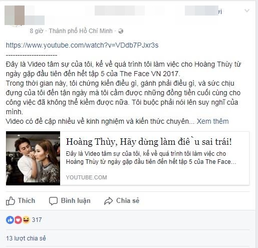 Bài đăng thể hiện sự bức xúc của chuyên gia trang điểm này với Hoàng Thùy