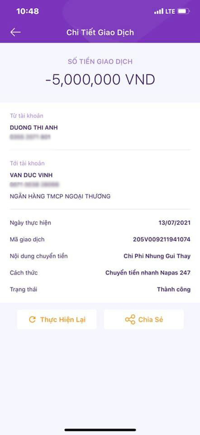 Ngày 13/7, Phi Nhung công khai 2 giao dịch đã chuyển khoản 15 triệu đồng để mua gạo giúp đỡ bà con vào mùa dịch