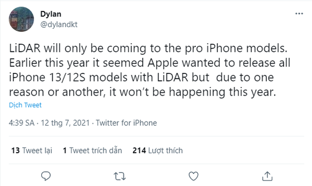 Leaker @dylandkt tiết lộ về LiDAR
