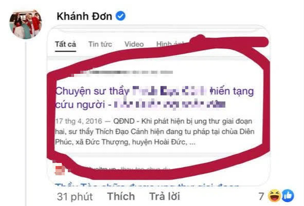 Khánh Đơn âm thầm thả bài viết một sư thầy hiến tạng để cứu người để phản đối quan điểm của Angela Phương Trinh rằng chỉ cần đặt tay lên và nói chuyện với khối u thì nó sẽ biến mất